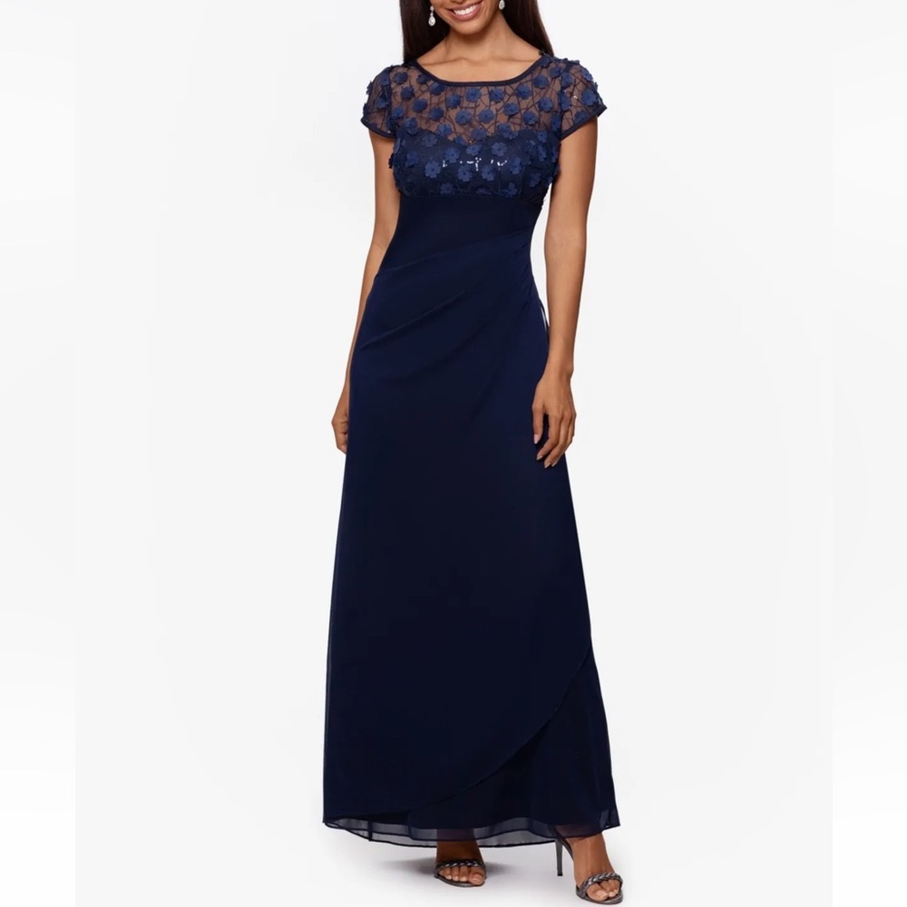XSCAPE Navy Flower Detailed Draping Side Cap Sleeve Long Formal Sheath Gown